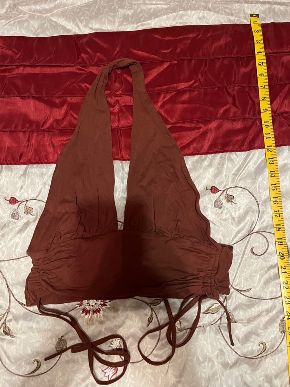 Ruched Brown Halter Crop Top with Tie Back